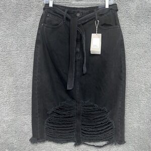 NWT ZARA Skirt Women Sz L Black Denim Factory Ripped Distressed Midi Accent Belt